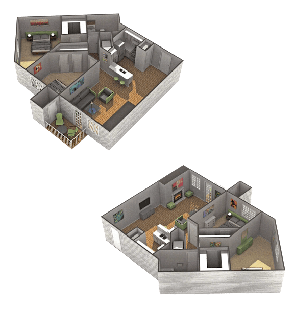Two 3D floor plans of a house with different layouts.
