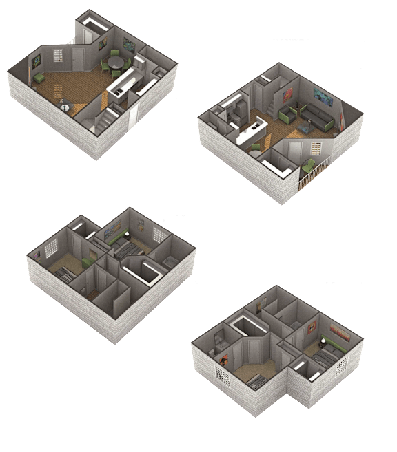 Four different 3D floor plans of a house.