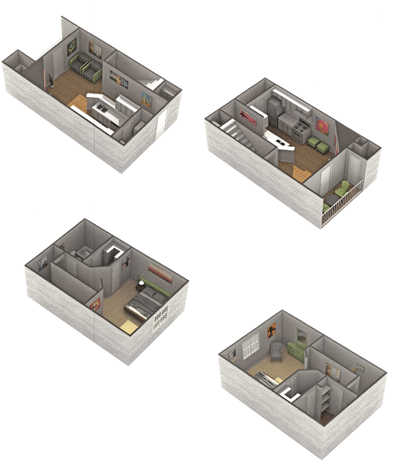 Four different 3D floor plans of a house.