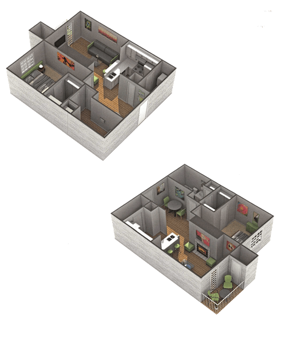 Two 3D floor plans of a house with different layouts.
