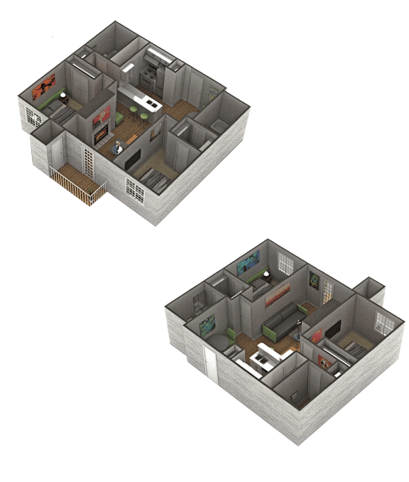 Two 3D floor plans of a house are displayed.