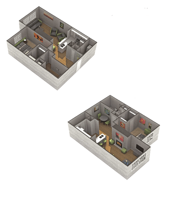 Two 3D floor plans of a house with labeled rooms.