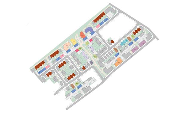 A map of a city with buildings in different colors.