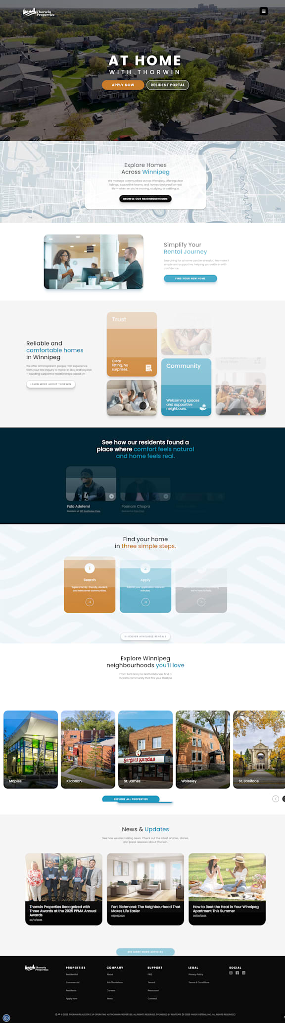 A webpage with a header reading "AT HOME" and various sections including "Explore Homes", "Ask Your Questions", and "Find your home".