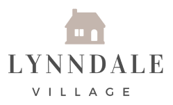 A logo with a house and the words "Lynndale Village" in black on a white background.