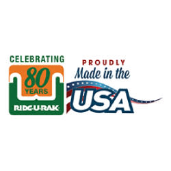 A logo celebrating 80 years of Ride-U-Rak proudly made in the USA.