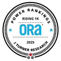 A circular badge with the text "POWER RANKINGS RISING 1K Ora 2025 J TURNER RESEARCH".
