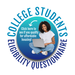 A circular logo for college students with a woman using a laptop.