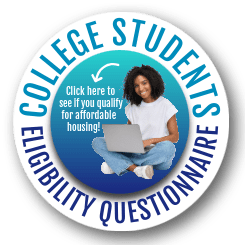 A circular logo for college students with a woman using a laptop.