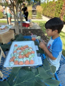 A young boy is sitting at a table with a tray of food in front of him.