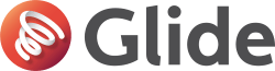The image is a logo of Glide, which consists of a red circle with a white symbol inside it, followed by the word 'Glide' in black font.