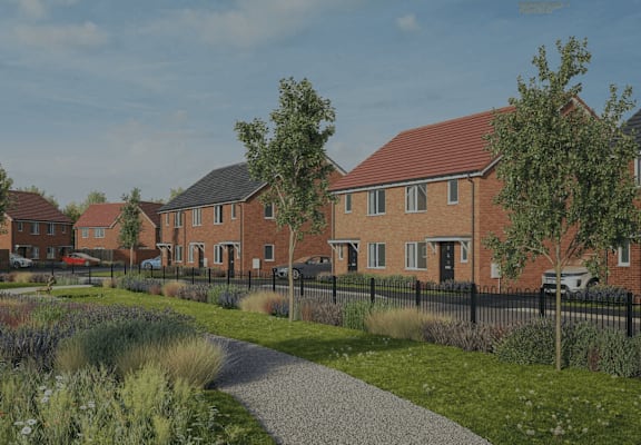 an artist impression of a planned neighbourhood with red brick houses
