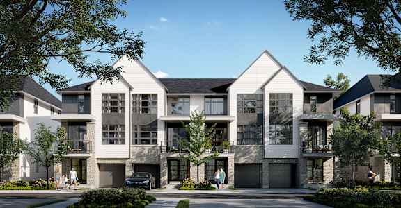 a rendering of a four story apartment building with white and gray facade and a street