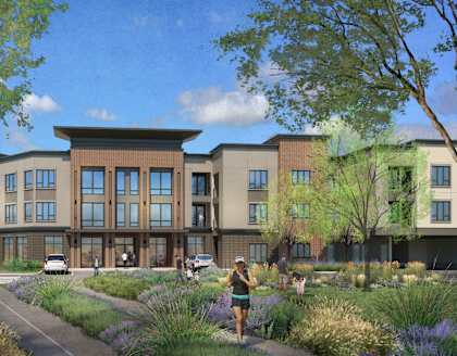 a rendering of a building with people walking in front of it