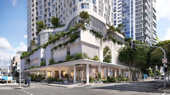 a rendering of the facade of a building with plants on it