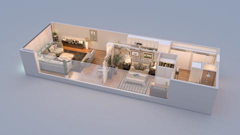 A 3D rendered image of a modern apartment layout.