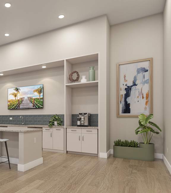 A modern kitchen with a dining table and chairs.