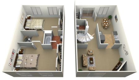3D floor plan with spiral staircase and two levels at Pilgrim Village - Canton, MI Apartments, Canton