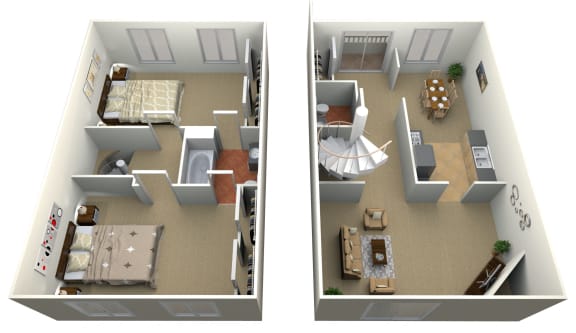 3D floor plan with spiral staircase and two levels at Pilgrim Village - Canton, MI Apartments, Canton
