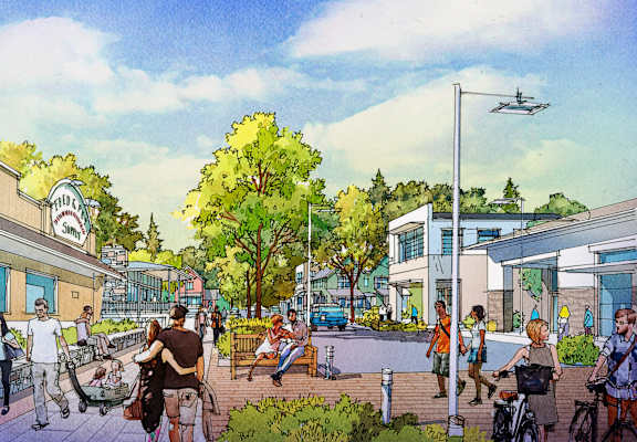 an illustration of a city street with people and buildings