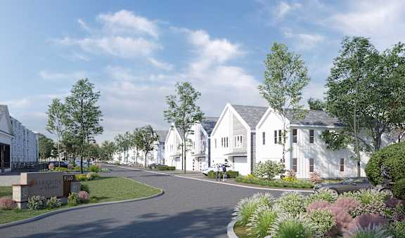 A street view of a residential area with houses and trees.