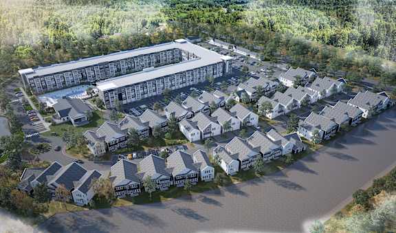 A rendering of a residential area with a large building in the background.