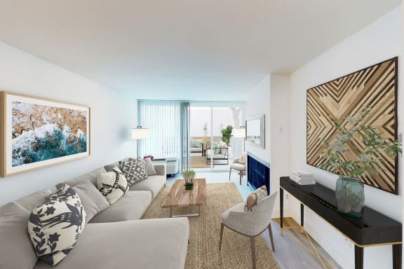 a living room with a couch and a coffee table at The Meadows Apartments, Culver City , CA 90230
