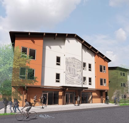 a rendering of a building with a mural on the side of it