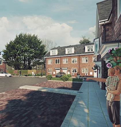 a computer generated image of a road with houses on either side