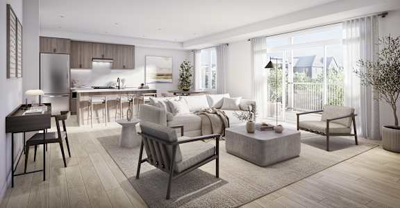 a rendering of a living room and kitchen in an apartment