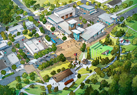 an illustration of a city with buildings and trees