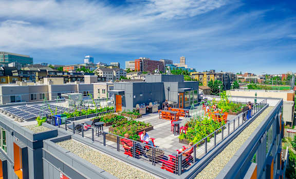 an aerial view of a rooftop garden with a cityscape in the background at Cuvee, Seattle