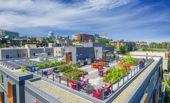 an aerial view of a rooftop garden with a cityscape in the background at Cuvee, Seattle