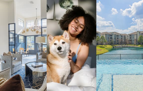 a woman and a dog in a house and a pool and a photo of a