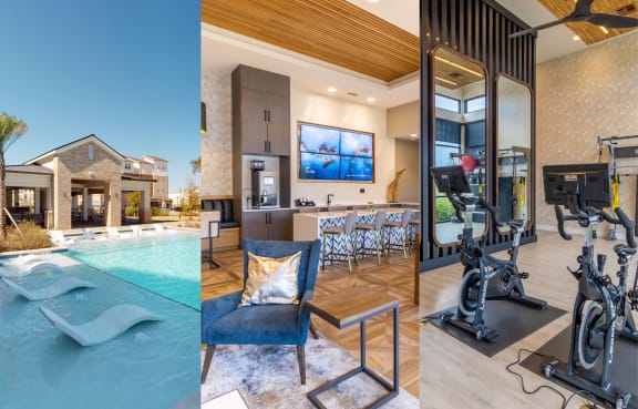 three photos of a home gym with a pool and a house in the background
