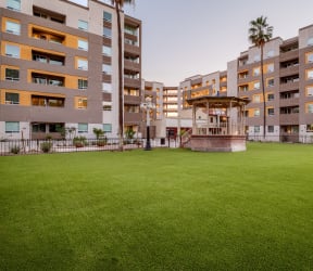 a green lawn in front of an apartment building with a fountain