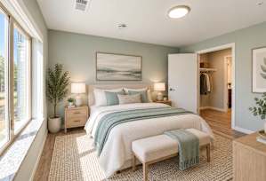 A bedroom with a large bed, a nightstand, and a painting on the wall.