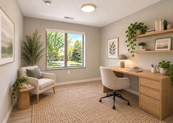 A man and woman are sitting on cardboard boxes in a room with a couch and plants.