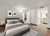 Thumbnail 8 of 29 - A bedroom with a large bed and a nightstand with a lamp. at AVIA Lofts on Parkway, Vancouver Washington