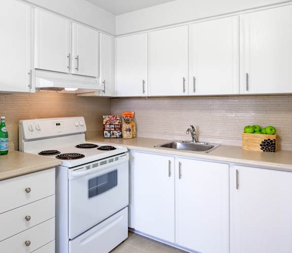 A white kitchen with a stove, sink, and refrigerator.
