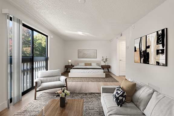 modern bedroom with sliding door at AVIA Lofts on Parkway, Washington , 98662