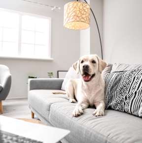 a dog sitting on a couch in a living room