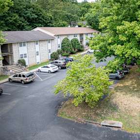 a parking lot with a tree in front of a building