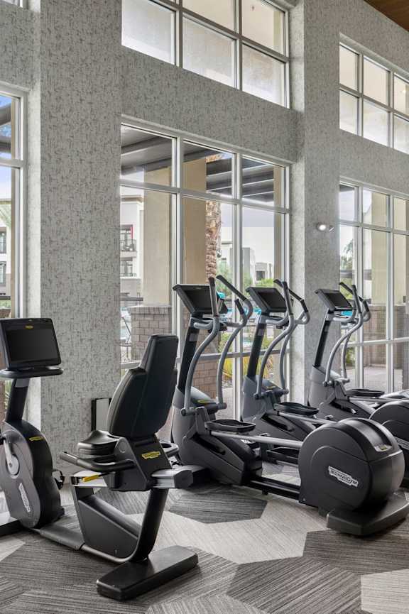 A gym with treadmills, exercise bikes and elliptical machines.