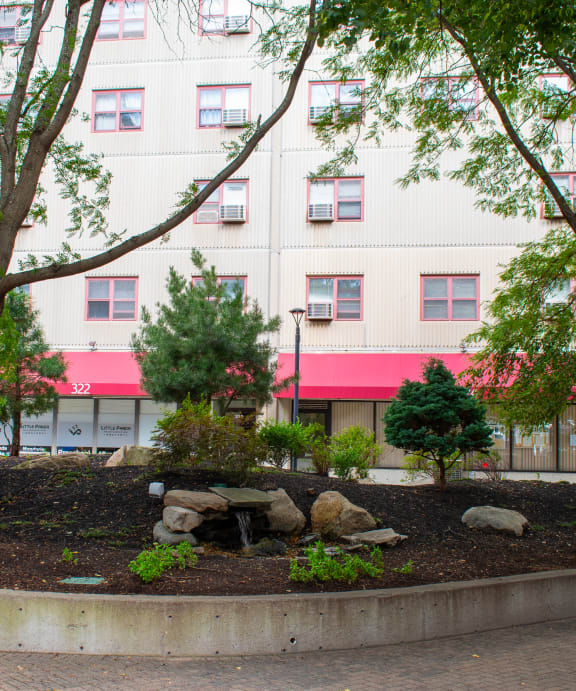 a park with trees and rocks in front of a building