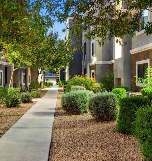 A long concrete walkway leads between two rows of houses.
