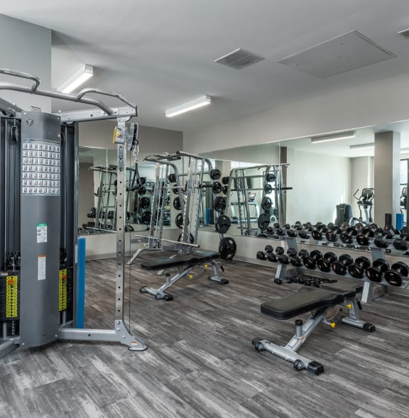 a gym with weights and cardio equipment in a building with white walls at Hibernia Apartments, St Louis, Missouri