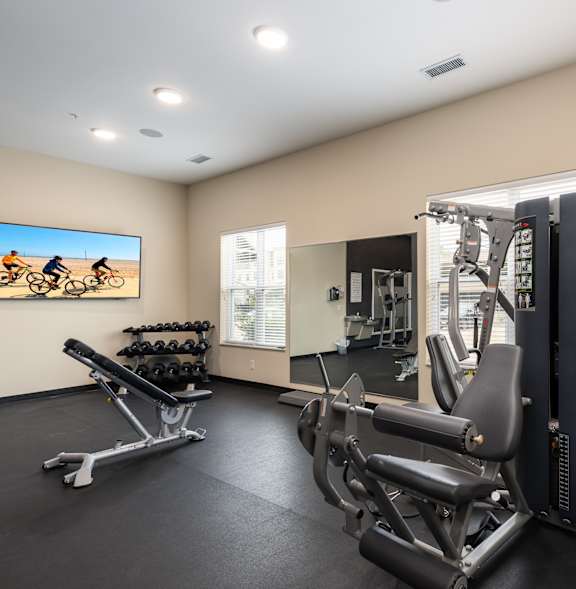 A gym with a variety of equipment including a rowing machine, a leg press machine, and a bench press.