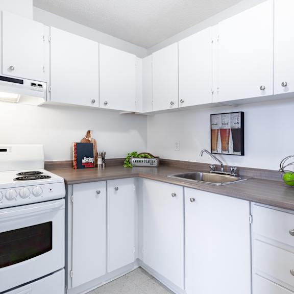 A white kitchen with a stove, sink, and cabinets.