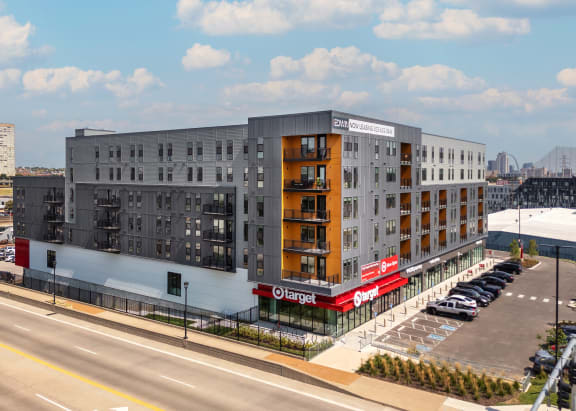 an aerial view of an apartment building on a city street at The Edwin on Grand Apartments, St Louis, Missouri